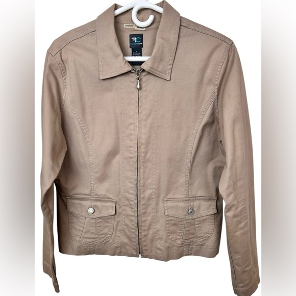 French Cuff cotton tan jacket, Large, zipper closure, collar, structured coat - Picture 1 of 4